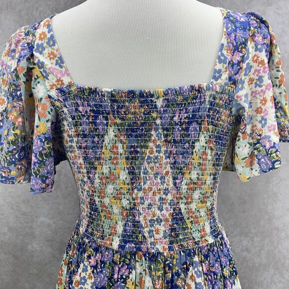 Angie Womens L Floral Smocked Peakaboo Cutout Babydoll Dress Boho Garden Fairy - Picture 7 of 9